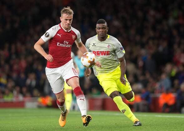 Jhon C—rdoba of FC Colgne battles with Rob Holding of Arsenal during the UEFA Europa League group stage match between Arsenal and FC Cologne at the Emirates Stadium, London, England on 14 September 2017. Copyright: xVincexMignottx 16660010