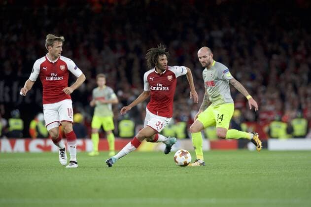 Arsenal v FC Cologne UEFA Champions League Mohamed Elneny of Arsenal and Konstantin Rausch of FC Cologne during the UEFA Champions League match at the Emirates Stadium, London Content Not Available For UK Newspapers Copyright: xAlanxStanfordx FIL-10666-0035