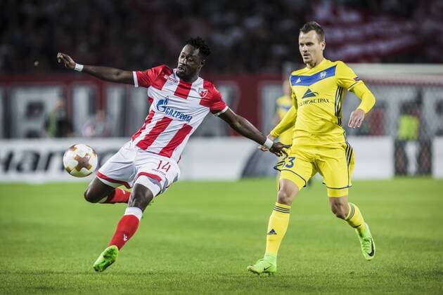14th September 2017, Red Star Stadium, Belgrade, Serbia; UEFA Europa League Group stage, Red Star Belgrade versus BATE; Forward Richmond Boakye of Red Star Belgrade clears the ball upfield  ActionPlus11930032