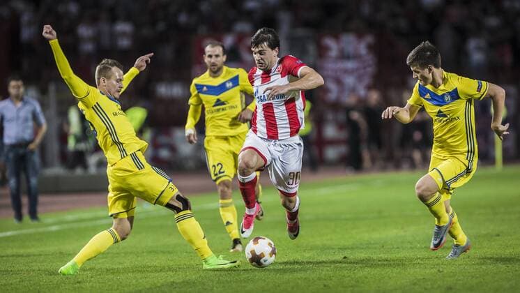 14th September 2017, Red Star Stadium, Belgrade, Serbia; UEFA Europa League Group stage, Red Star Belgrade versus BATE; Defender Filip Stojkovic of Red Star Belgrade escapes the challemge of 3 BATE players  ActionPlus11930045