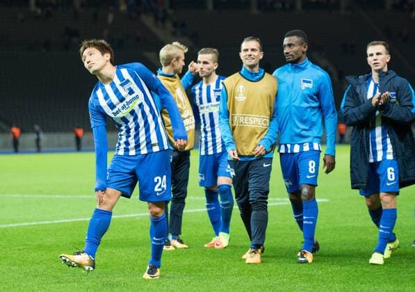 After the Game over Genki Haraguchi Per Skjelbred Peter Pekarik Valentin Stocker Salomon Kalou and Vladimir DARIDA Vl alleB Football International UEFA Europe League Season 2017 2018 Group game Hertha BSC Berlin Athletic Club Bilbao in Olympic Stadium in Berlin Germany at 14 09 2017