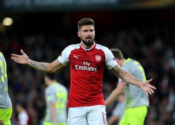 14th September 2017, Emirates Stadium, London, England; UEFA Europa League Group stage, Arsenal versus FC Cologne; Olivier Giroud of Arsenal appeals for a corner but Referee Javier Estrade gives a goal kick to FC Koln  ActionPlus11930054