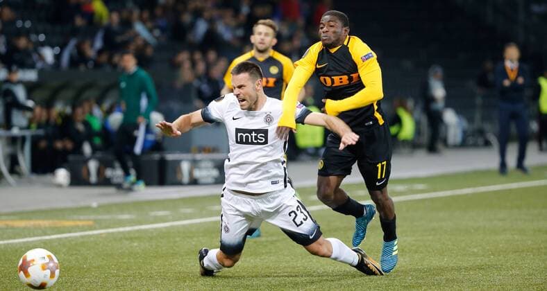 14 09 2017 Stade de Suisse Berne Switzerland Season 2017 2018 men UEFA Europe League Group stage BSC Young Boys Berne FK Partizan Belgrade Bojan Ostojic left Partizan against Roger Assale Young Boys