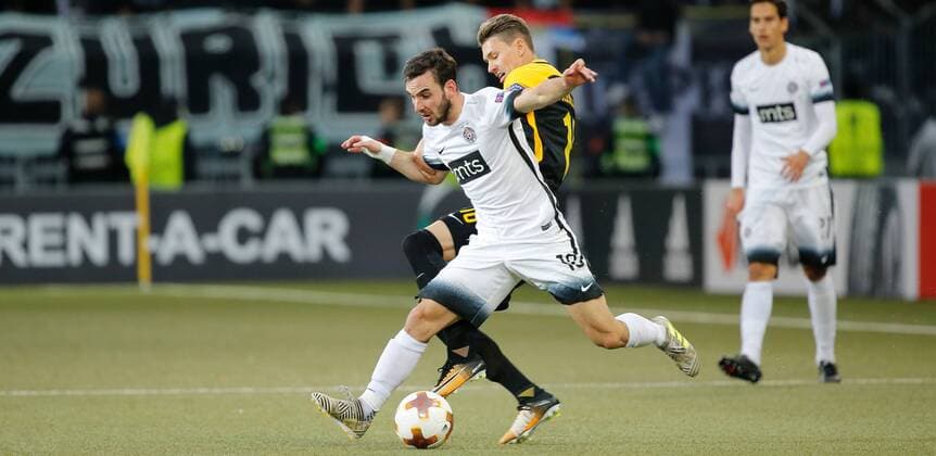 14 09 2017 Stade de Suisse Berne Switzerland Season 2017 2018 men UEFA Europe League Group stage BSC Young Boys Berne FK Partizan Belgrade Marko Jankovic left Partizan against Christian Barrel night Young Boys