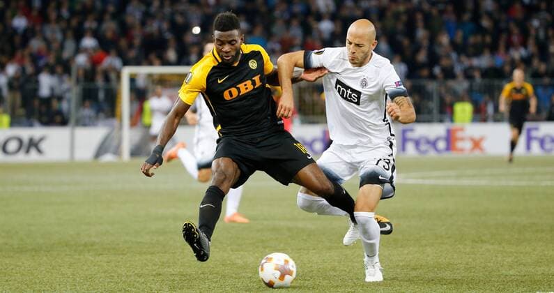 14 09 2017 Stade de Suisse Berne Switzerland Season 2017 2018 men UEFA Europe League Group stage BSC Young Boys Berne FK Partizan Belgrade Jean Pierre Nsame left Young Boys against Nemanja Miletic Partizan