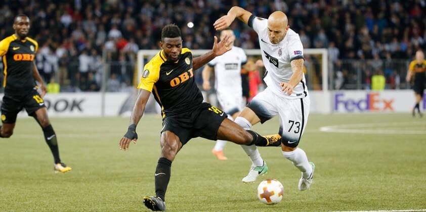 14 09 2017 Stade de Suisse Berne Switzerland Season 2017 2018 men UEFA Europe League Group stage BSC Young Boys Berne FK Partizan Belgrade Jean Pierre Nsame left Young Boys against Nemanja Miletic Partizan