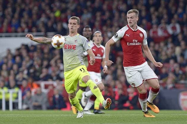 ger Europe League Arsenal London vs 1 FC Cologne 14 09 2017 Emirates Stage London ger Europe League Arsenal London vs 1 FC Cologne in Picture in duel from left Simon Zoller Cologne 11 Rob Holding Arsenal 16 nordphotoxTreese nph00275