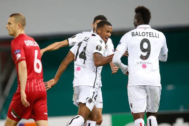 Fußball, EL, SV Zulte Waregem - OGC Nizza Nice Alassane Plea celebrates after scoring during a soccer game between Belgian team SV Zulte Waregem and French club OGC Nice, Thursday 14 September 2017 in Waregem, the first match of the group stage (Group K) of the Europa League tournament. BRUNOxFAHY  x05164516x