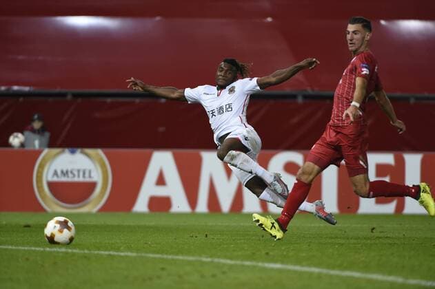 Fußball, EL, SV Zulte Waregem - OGC Nizza WAREGEM, BELGIUM - SEPTEMBER 14 : Allan Saint-Maximin forward of OGC Nice scoring during the UEFA Europa League, Group K stage match between SV Zulte Waregem and OGC Nice at the Regenboog stadium on September 14, 2017 in Waregem, Belgium, 14 09 2017 FOOTBALL : SV Zulte Waregem v OGC Nice : UEFA Europa League - 14 09 2017 PHOTONEWS PANORAMIC  775031117