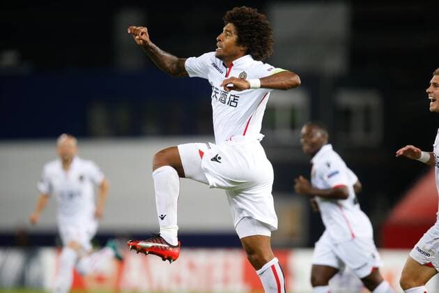 Fußball, EL, SV Zulte Waregem - OGC Nizza Nice captain Dante celebrates after scoring during a soccer game between Belgian team SV Zulte Waregem and French club OGC Nice, Thursday 14 September 2017 in Waregem, the first match of the group stage (Group K) of the Europa League tournament. BRUNOxFAHY  x05164548x