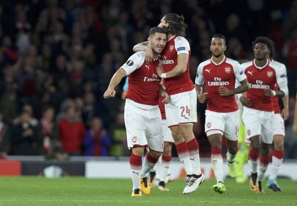 Arsenal v FC Cologne UEFA Champions League Sead Kolasinac of Arsenal (31) celebrates with Hector Bellerin of Arsenal after scoring the equaliser to make it 1-1 during the UEFA Champions League match at the Emirates Stadium, London Content Not Available For UK Newspapers Copyright: xAlanxStanfordx FIL-10666-0040
