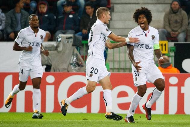 Fußball, EL, SV Zulte Waregem - OGC Nizza Nice captain Dante celebrates after scoring during a soccer game between Belgian team SV Zulte Waregem and French club OGC Nice, Thursday 14 September 2017 in Waregem, the first match of the group stage (Group K) of the Europa League tournament. KURTxDESPLENTER  x05164560x