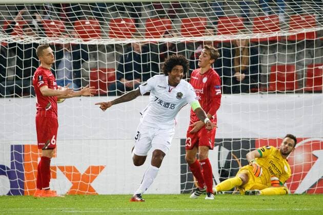 Fußball, EL, SV Zulte Waregem - OGC Nizza Nice captain Dante celebrates after scoring during a soccer game between Belgian team SV Zulte Waregem and French club OGC Nice, Thursday 14 September 2017 in Waregem, the first match of the group stage (Group K) of the Europa League tournament. KURTxDESPLENTER  x05164565x