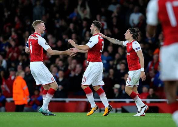 14th September 2017, Emirates Stadium, London, England; UEFA Europa League Group stage, Arsenal versus FC Cologne; Sead Kolasinac of Arsenal celebrates levelling the score in the 49th minute with Per Mertesacker and Hector Bellerin, 1-1  ActionPlus11930056