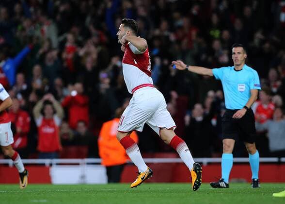 14th September 2017, Emirates Stadium, London, England; UEFA Europa League Group stage, Arsenal versus FC Cologne; Sead Kolasinac of Arsenal celebrates levelling the score in the 49th minute, 1-1  ActionPlus11930057