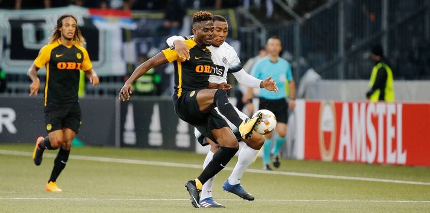 14 09 2017 Stade de Suisse Berne Switzerland Season 2017 2018 men UEFA Europe League Group stage BSC Young Boys Berne FK Partizan Belgrade Kasim Adams Nuhu left Young Boys against Leandre Tawamba Partizan