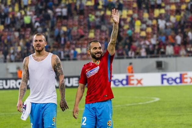 September 14, 2017: Denis Alibec 7 (FCSB Bucharest) and Junior Morais 12 (FCSB Bucharest) after the UEFA Europa League 2017-2018, Groupe Stage, Groupe G game between FCSB Bucharest (ROU) and FC Viktoria Plzen (CZE) at National Arena Stadium, Bucharest, Romania ROU.  Copyright: xCronos CatalinxSoarex cronoscs14092017104638