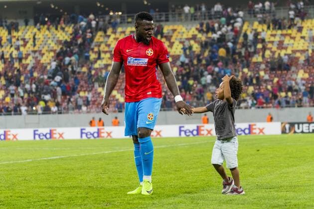 September 14, 2017: Harlem Gnohere 9 (FCSB Bucharest) and his son after the UEFA Europa League 2017-2018, Groupe Stage, Groupe G game between FCSB Bucharest (ROU) and FC Viktoria Plzen (CZE) at National Arena Stadium, Bucharest, Romania ROU.  Copyright: xCronos CatalinxSoarex cronoscs14092017104639