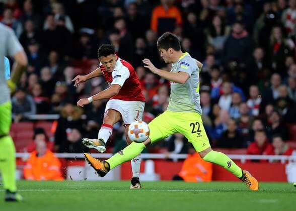 14th September 2017, Emirates Stadium, London, England; UEFA Europa League Group stage, Arsenal versus FC Cologne; Alexis Sanchez of Arsenal makes it 2-1 in the 67th minute, slotting his shot past FC Koln Goalkeeper Timo Horn  ActionPlus11930084