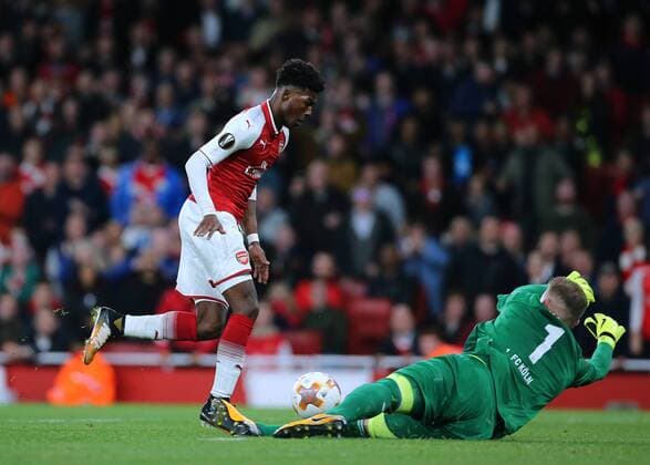 14th September 2017, Emirates Stadium, London, England; UEFA Europa League Group stage, Arsenal versus FC Cologne; Ainsley Maitland-Niles of Arsenal is denied a goal scoring chance by FC Koln Goalkeeper Timo Horn  ActionPlus11930086