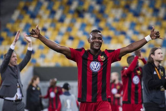 Fußball, EL, Sorja Luhansk - Östersunds FK 170914 Östersunds Salisu Abdullahi Gero jublar efter fotbollsmatchen i Europa League mellan Zorya och Östersund den 14 september 2017 i Lviv.  Copyright: JOHANNAxLUNDBERG BB170914JL054