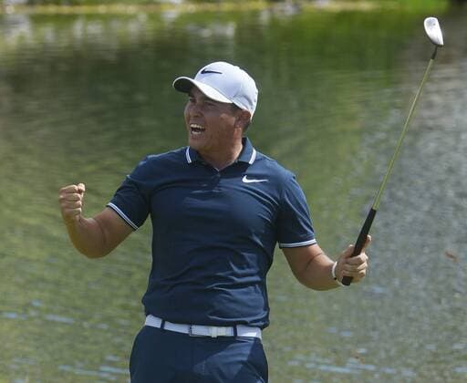 September 14, 2017 - U.S. - SPORTS -- Tyler Torano of Chula Vista, Calif. celebrates a 30-foot birdie putt on the 18th hole to win the New Mexico Open golf tournament at the Sandia Golf Course on Thursday, September 14, 2017. Sports News - September 14, 2017 - ZUMAab1_ 20170914_zaf_ab1_018 Copyright: xGregxSorberx