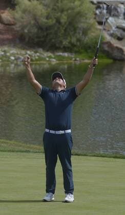 September 14, 2017 - U.S. - SPORTS -- Tyler Torano of Chula Vista, Calif. celebrates a 30-foot birdie putt on the 18th hole to win the New Mexico Open golf tournament at the Sandia Golf Course on Thursday, September 14, 2017. Sports News - September 14, 2017 - ZUMAab1_ 20170914_zaf_ab1_013 Copyright: xGregxSorberx