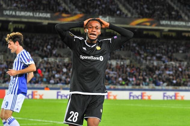 Fußball, EL, Real Sociedad San Sebastian - Rosenborg Trondheim September 14, 2017 - San Sebastian, Gipuzkoa - Basque Country, Spain - Samuel Adegbenro of Rosenborg BK reacts during the UEFA Europa League Group L football match between Real Sociedad and Rosenborg BK at the Anoeta Stadium, on 14 september 2017 in San Sebastian, Spain Real Sociedad v Rosenborg BK - UEFA Europa League  - ZUMAn230 20170914_zaa_n230_333 Copyright: xJosexIgnacioxUnanuex