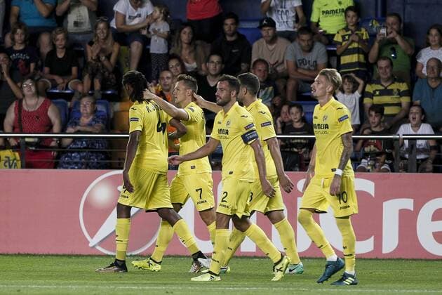 September 14, 2017 - Villarreal, Spain - 07 Denis Cheryshev of Villarreal CF (2L) celebrate after scoring the 3-1 goal with his teammate during the UEFA Europa League Group A football match between Villarreal CF vs FC Astana at La Ceramica stadium in Villarreal on September 14, 2017. Villarreal CF v FK Astana - UEFA Europa League  - ZUMAn230 20170914_zaa_n230_341 Copyright: xJosexMiguelxFernandezx
