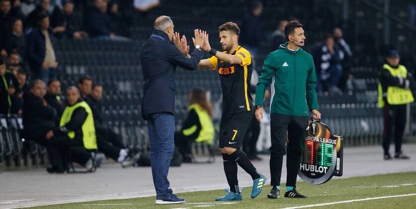 14 09 2017 Stade de Suisse Berne Switzerland Season 2017 2018 men UEFA Europe League Group stage BSC Young Boys Berne Partizan Belgrade team manager Adi Hütter Miralem Sulejmani Young Boys
