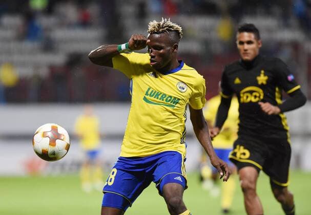 From left UBONG MOSES EKPAI of Zlin and CRISTIANO of Tiraspol in action during the Football Europa League 1st round group F match: Fastav Zlin vs Sheriff Tiraspol in Olomouc, Czech Republic, September 14, 2017. (CTKxPhoto LudekxPerina) CTKPhotoP201709141021301  LPE 008