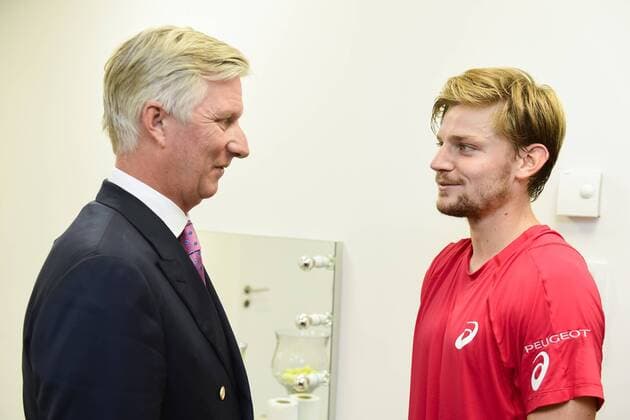 King Philippe - Filip of Belgium and Belgian David Goffin pictured after the first game of the Davis Cup World Group semi-final between Belgium and Australia, between Belgian David Goffin ATP Tennis Herren 12) and Australian John Millman (ATP 185), Friday 15 September 2017, in Brussels. The Davis Cup game is played from 15 to 17 September 2017 in Brussels. LAURIExDIEFFEMBACQ  x05165066x