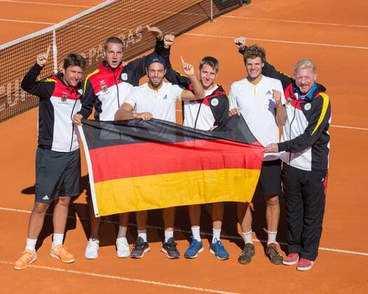Davis Cup POR ger l r team Captain Michael Kohlmann Jan Lennard STRUFF Tim Puetz Cedrik Marcel Stebe Yannick Hanfmann and Boris Becker Team with German Flag cheering happiness Emotion Tennis Davis Cup 2017 ITF Davis Cup Centro de Tenis Do Jamor Oeiras Portugal 17 September 2017 Â Copyright: xJuergenxHasenkopfx