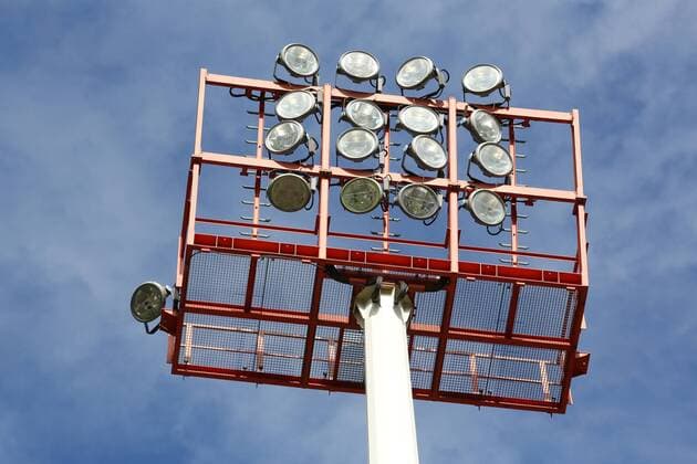 common Feature Rand motive Floodlight mast in Leimbach stadium Football Oberliga Westphalia 6 Matchday Sports fans Siegen FC Guetersloh at 17 09 2017 in Siegen Germany