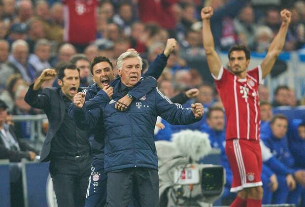 F team manager Head coach Carlo Ancelotti FCB goal celebration cheering After the goal to 0 3 through Arturo Vidal FCB 23 cheering cheer cheering happiness Emotions celebrate Laughing cheering Look forward tears The Arms vertical ballt The fist Mats Hummels FCB 5 Co team manager FCB Davide Ancelotti Hasan Brazzo Salihamidzic FCB Sports Director FC Schalke 04 FC Bavaria Munich Football 1 Bundesliga Gelsenkirchen at 19 09 2017 5 Matchday Season 2017 2018 1 League 1 Bundesliga FCB