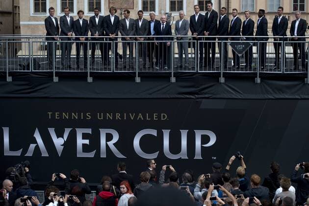 From left THOMAS ENQVIST, TOMAS BERDYCH, DOMINIC THIEM, MARIN CILIC ALEXANDER ZVEREV, ROGER FEDERER, RAFAEL NADAL, BJORN BORG, ROD LAVER, JOHN McENROE, SAM QUERREY, JOHN ISNER, NICK KYRGIOS, JACK SOCK, DENIS SHAPOVALOV, FRANCES TIAFOE, THANASI KOKKINAKIS, PATRICK MCENROE during the parade of Laver Cup players at an official welcome ceremony in Prague, Czech Republic, September 20, 2017. (CTKxPhoto MichalxKamaryt) CTKPhotoP201709200601501 kmt 3