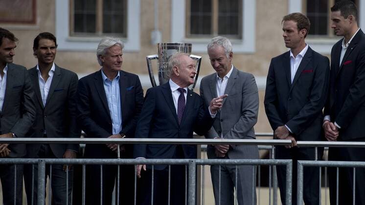 From left World No.2 Roger Federer, No.1 Rafael Nadal, Bjorn Borg, Europe captain, Rod Laver, John McEnroe, World captain and Sam Querrey and John Isner during the parade of Laver Cup players at an official welcome ceremony in Prague, Czech Republic, September 20, 2017. (CTKxPhoto MichalxKamaryt) CTKPhotoP201709200614601  kmt 6
