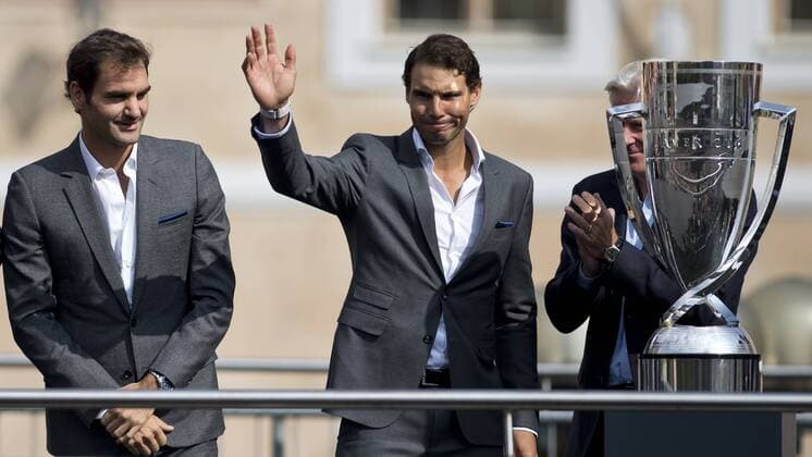 From left World No.1 Rafael Nadal and No.2 Roger Federer and Bjorn Borg, Europe captain during the parade of Laver Cup players at an official welcome ceremony in Prague, Czech Republic, September 20, 2017. (CTKxPhoto MichalxKamaryt) CTKPhotoP201709200615401  kmt 6