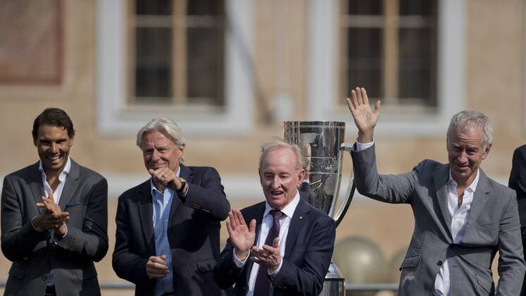 From left World No.1 Rafael Nadal, Bjorn Borg, Europe captain, the legendary Rod Laver, John McEnroe, World captain during the parade of Laver Cup players at an official welcome ceremony in Prague, Czech Republic, September 20, 2017. (CTKxPhoto MichalxKamaryt) CTKPhotoP201709200615601  kmt 8