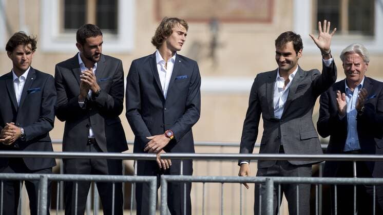 From left DOMINIC THIEM, MARIN CILIC, ALEXANDER ZVEREV, ROGER FEDERER, BJORN BORG during the parade of Laver Cup players at an official welcome ceremony in Prague, Czech Republic, September 20, 2017. (CTKxPhoto MichalxKamaryt) CTKPhotoP201709200663201  kmt 14