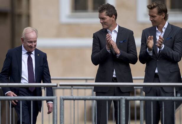 From left legendary ROD LAVER, THOMAS ENQVIST and TOMAS BERDYCH during the parade of Laver Cup players at an official welcome ceremony in Prague, Czech Republic, September 20, 2017. (CTKxPhoto MichalxKamaryt) CTKPhotoP201709200665001  kmt 16