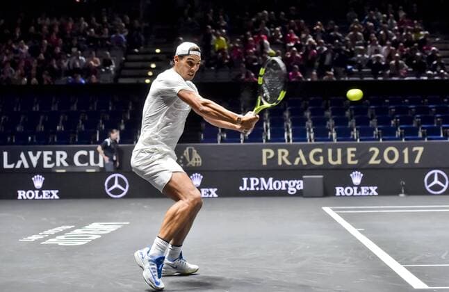 Spanish tennis player Rafael Nadal in action during the training session prior to the first edition of the Laver Cup tennis tournament in Prague, Czech Republic, on September 21, 2017. The team of Europe will compete with the world selection. The training was attended by children from Prague schools. (CTKxPhoto VitxSimanek) CTKPhotoP201709210391401  VIS 003