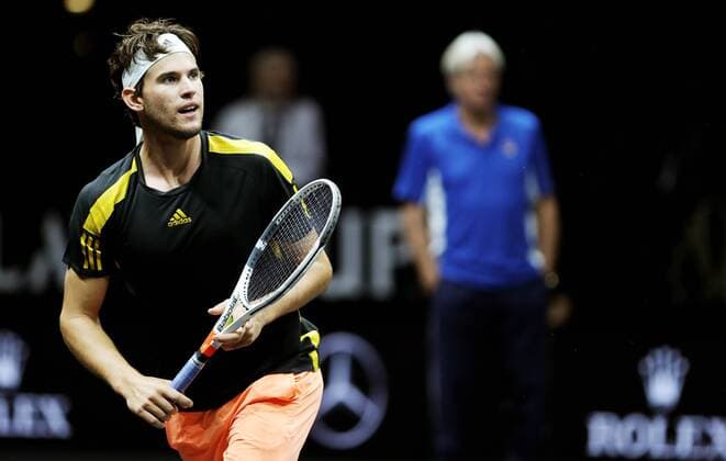 TENNIS - Laver Cup 2017 PRAGUE,CZECH REPUBLIC,22.SEP.17 - TENNIS - Laver Cup, Team Europe vs Team World. Image shows Dominic Thiem (AUT) and Bjoern Borg (SWE). GEPAxpictures xMatthiasxHauer