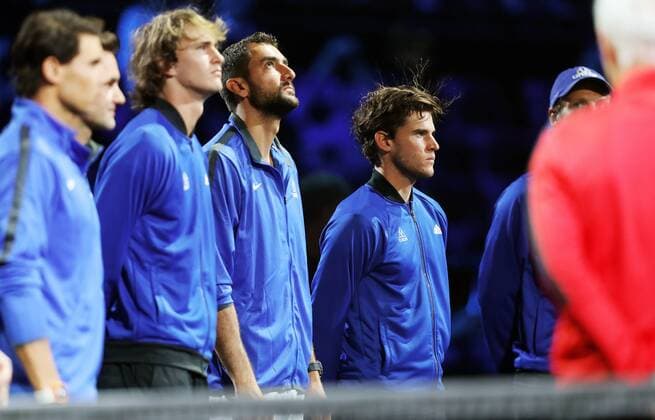 TENNIS - Laver Cup 2017 PRAGUE,CZECH REPUBLIC,22.SEP.17 - TENNIS - Laver Cup, Team Europe vs Team World. Image shows Rafael Nadal (ESP), Roger Federer (SUI), Alexander Zverev (GER), Marin Cilic (CRO) and Dominic Thiem (AUT). GEPAxpictures xMatthiasxHauer