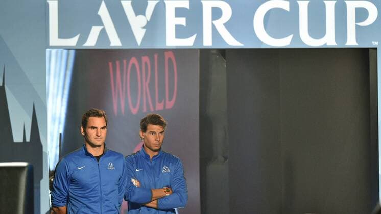Swiss tennis player ROGER FEDERER and Spanish RAFAEL NADAL are seen during the first edition of the Laver Cup tennis tournament in Prague, Czech Republic, on September 22, 2017. The team of Europe will compete with the world selection. (CTKxPhoto MichalxKamaryt) CTKPhotoP201709220462301  KMT_0459