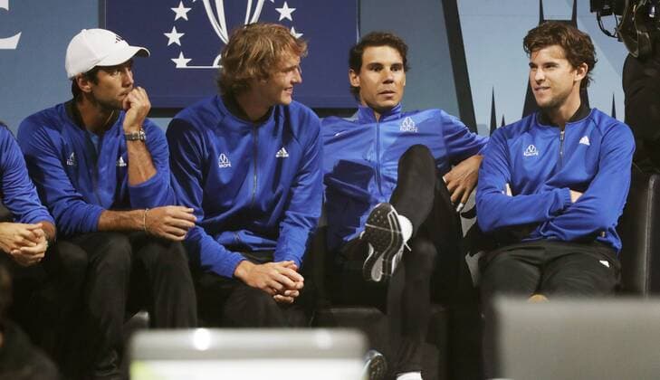 TENNIS - Laver Cup 2017 PRAGUE,CZECH REPUBLIC,22.SEP.17 - TENNIS - Laver Cup, Team Europe vs Team World. Image shows Fernando Verdasco (ESP), Alexander Zverev (GER), Rafael Nadal (ESP) and Dominic Thiem (AUT). GEPAxpictures xMatthiasxHauer
