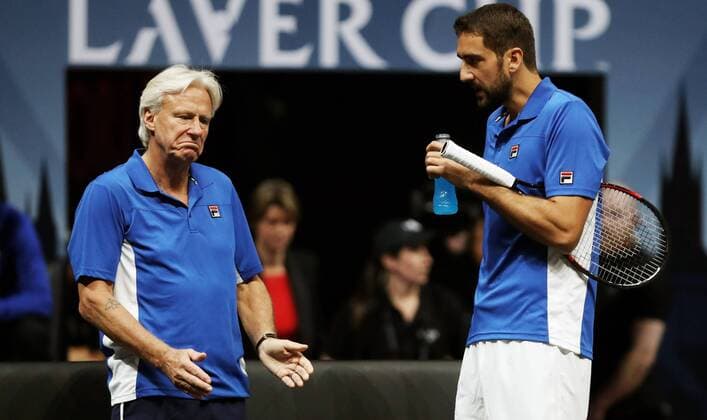 TENNIS - Laver Cup 2017 PRAGUE,CZECH REPUBLIC,22.SEP.17 - TENNIS - Laver Cup, Team Europe vs Team World. Image shows Bjoern Borg (SWE) and Marin Cilic (CRO). GEPAxpictures xMatthiasxHauer