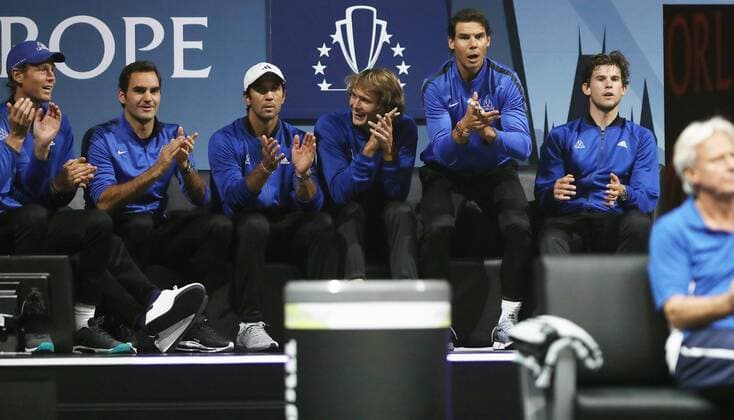 TENNIS - Laver Cup 2017 PRAGUE,CZECH REPUBLIC,22.SEP.17 - TENNIS - Laver Cup, Team Europe vs Team World. Image shows Tomas Berdych (CZE), Roger Federer (SUI), Fernando Verdasco (ESP) Alexander Zverev (GER), Rafael Nadal (ESP) and Dominic Thiem (AUT). GEPAxpictures xMatthiasxHauer