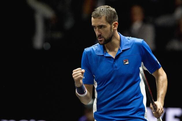Croatian tennis player MARIN CILIC (Team World) in action during the first match, singles, within the first edition of the Laver Cup tennis tournament in Prague, Czech Republic, on September 22, 2017. (CTKxPhoto MichalxKamaryt) CTKPhotoP201709220560601  kmt 13