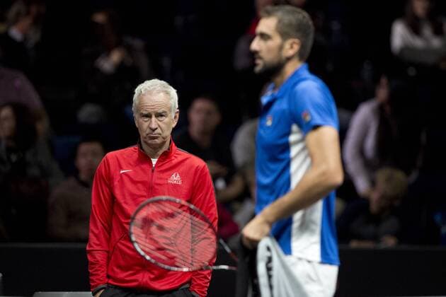 Croatian tennis player MARIN CILIC (Team Europe, right) in action during the first match, singles, within the first edition of the Laver Cup tennis tournament in Prague, Czech Republic, on September 22, 2017. On the left side of the photo is seen captain of the Team World John McEnroe. (CTKxPhoto MichalxKamaryt) CTKPhotoP201709220562901  kmt 16